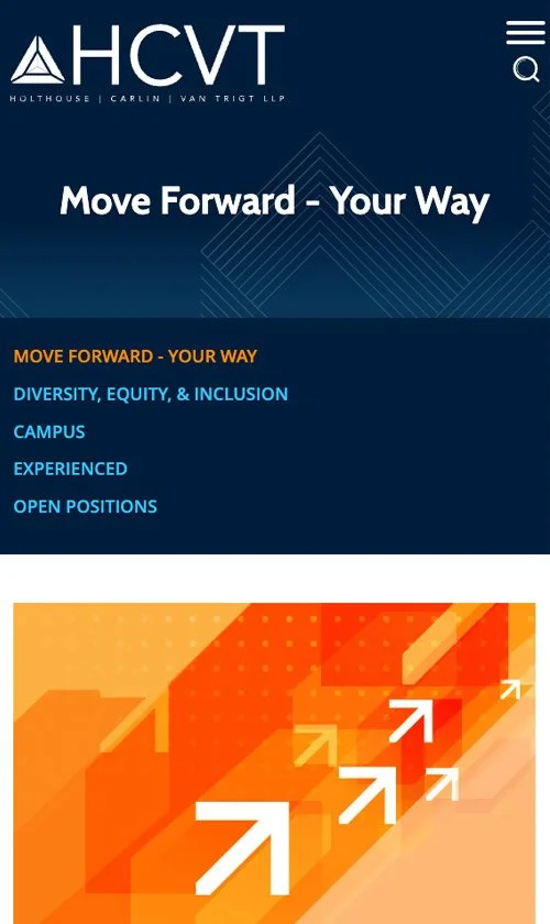 Mobile design for HCVT careers page with bold orange arrow graphic and “Move Forward – Your Way” headline.