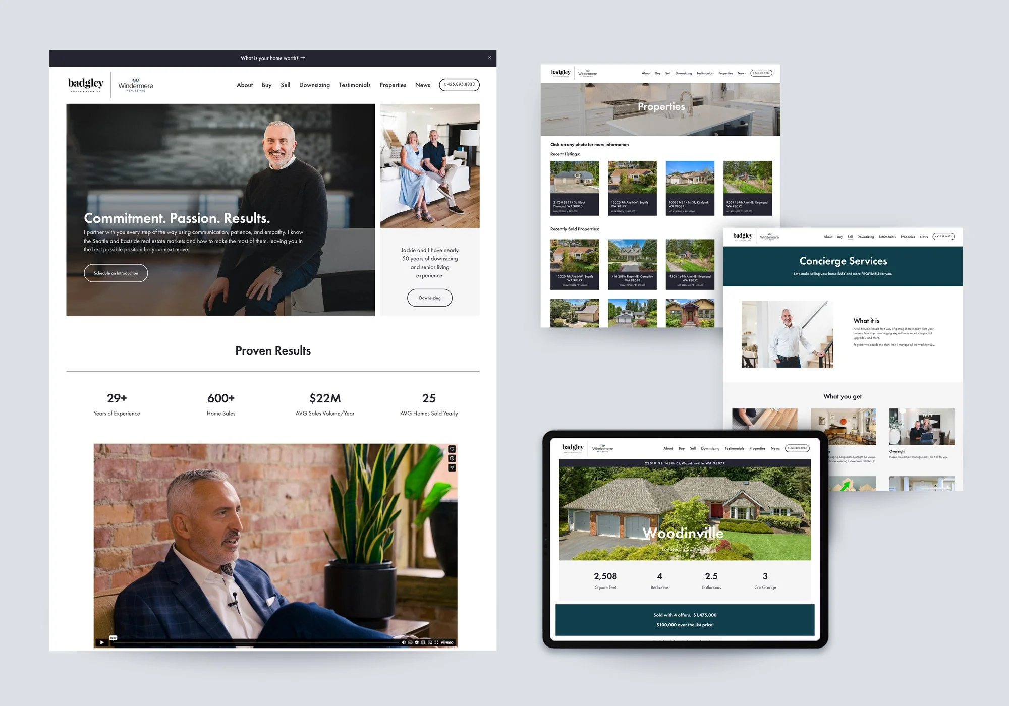 Badgley Homes real estate website design shown across desktop and tablet, featuring homepage, property listings, concierge services page, and property detail view.