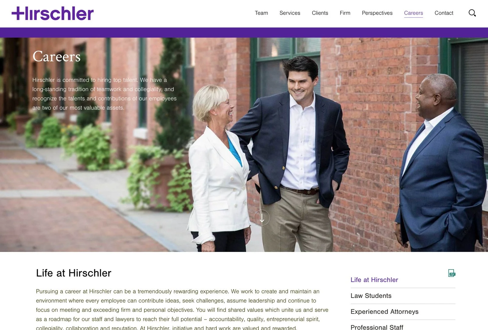 Careers page design highlighting team culture, candid photography, and firm values.