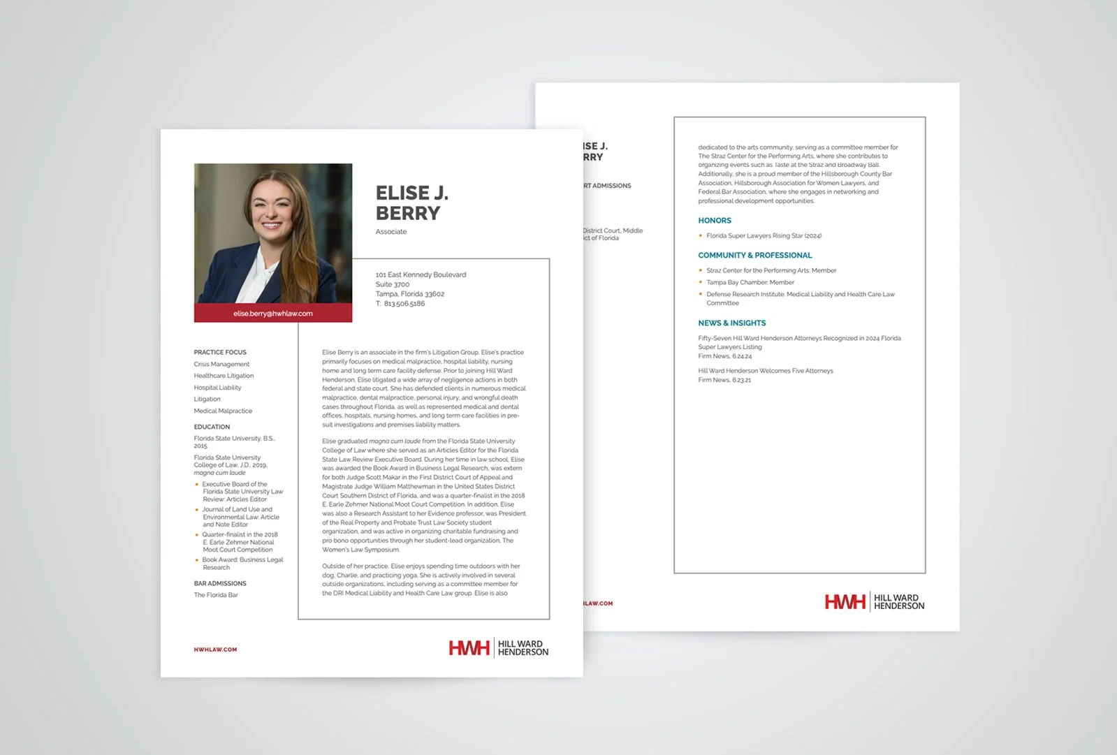 PDF bio design for Hill Ward Henderson featuring attorney profile and print-ready layout.