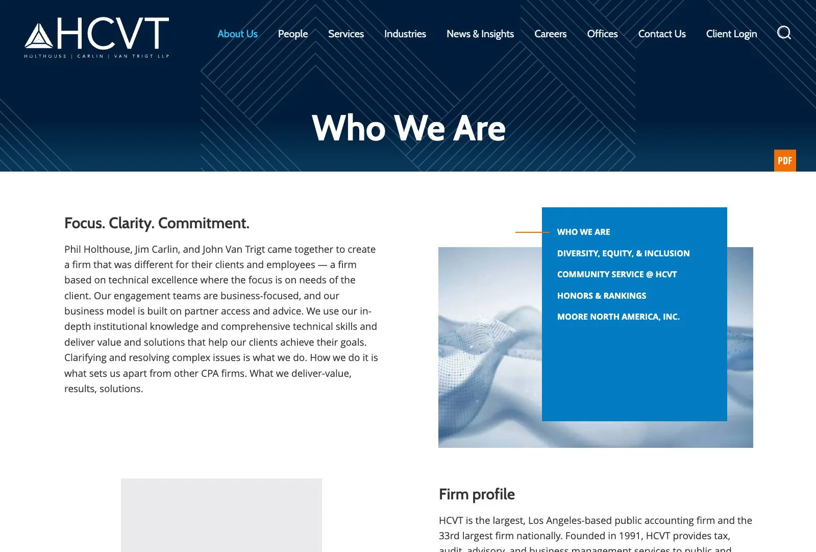 HCVT “Who We Are” page featuring firm overview text and values section with blue accent design.