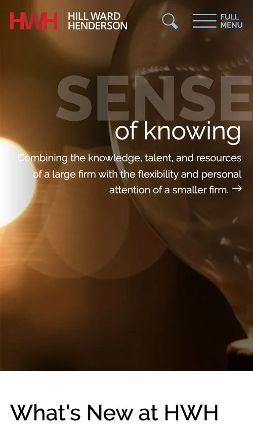 Hill Ward Henderson mobile homepage with “Sense of Knowing” banner highlighting the firm’s message of insight and personal connection.