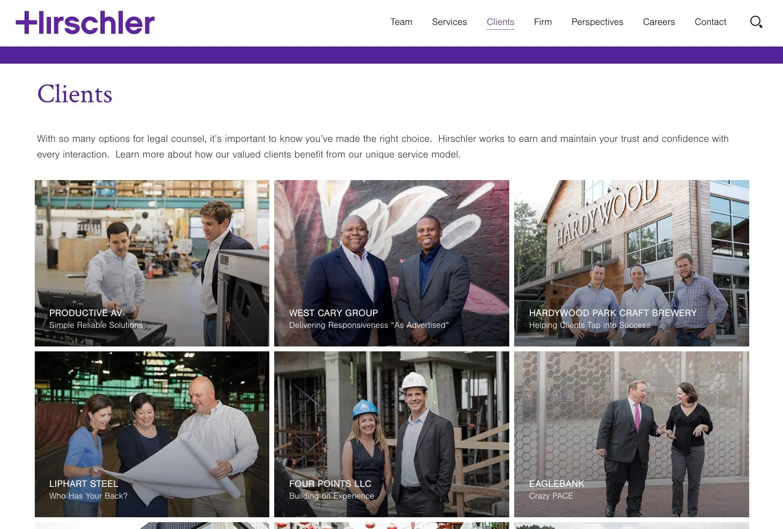 Hirschler clients page with image gallery showcasing firm partnerships and community connections.