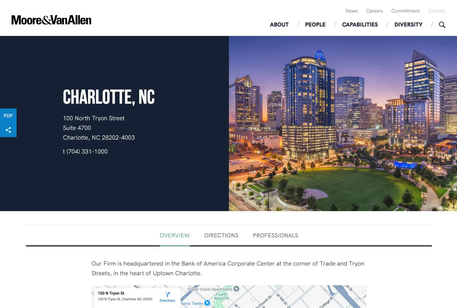 Charlotte, North Carolina office page on the Moore & Van Allen site highlighting location details, team information, and contact map.