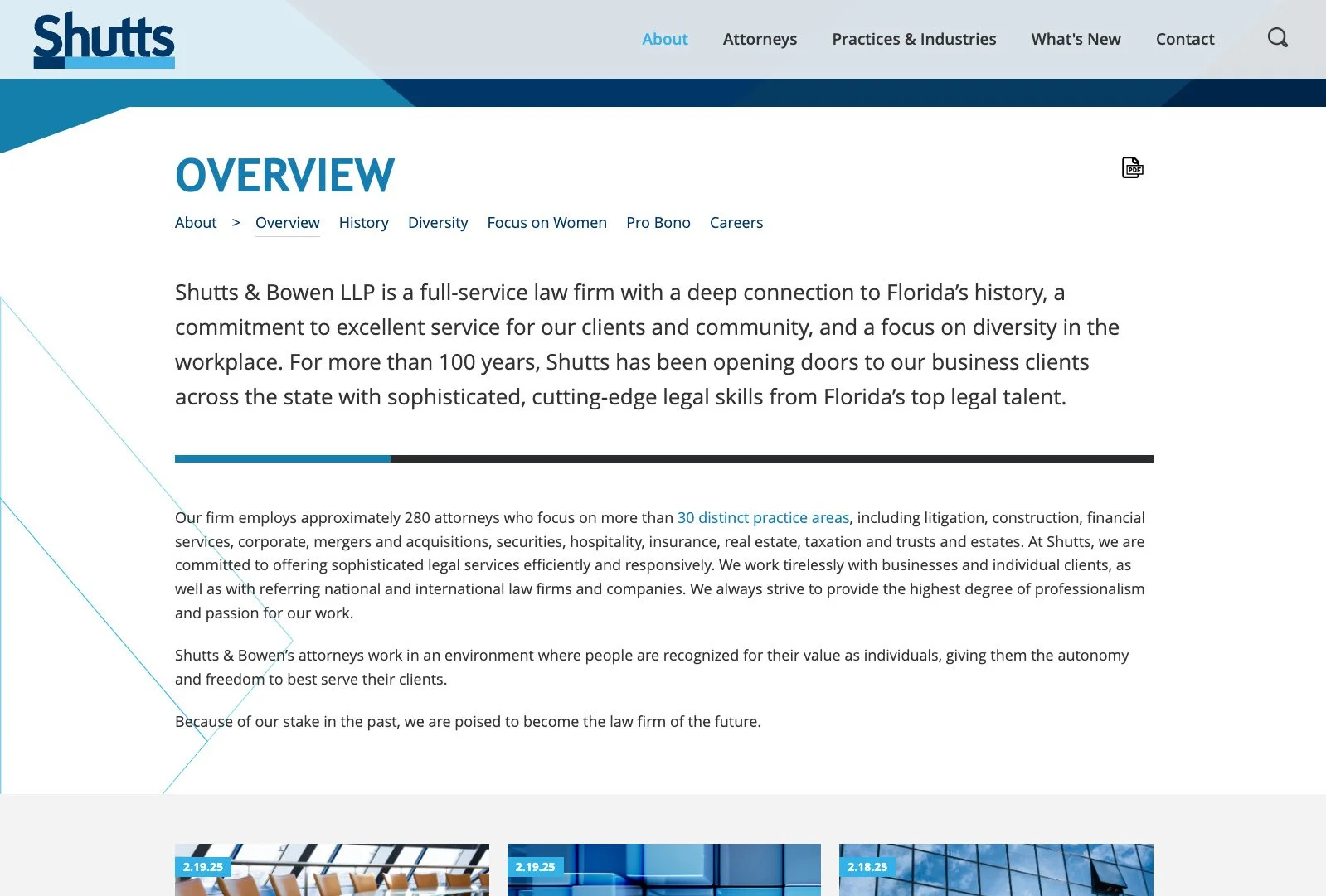 Shutts & Bowen overview page outlining firm history, mission, and Florida roots.