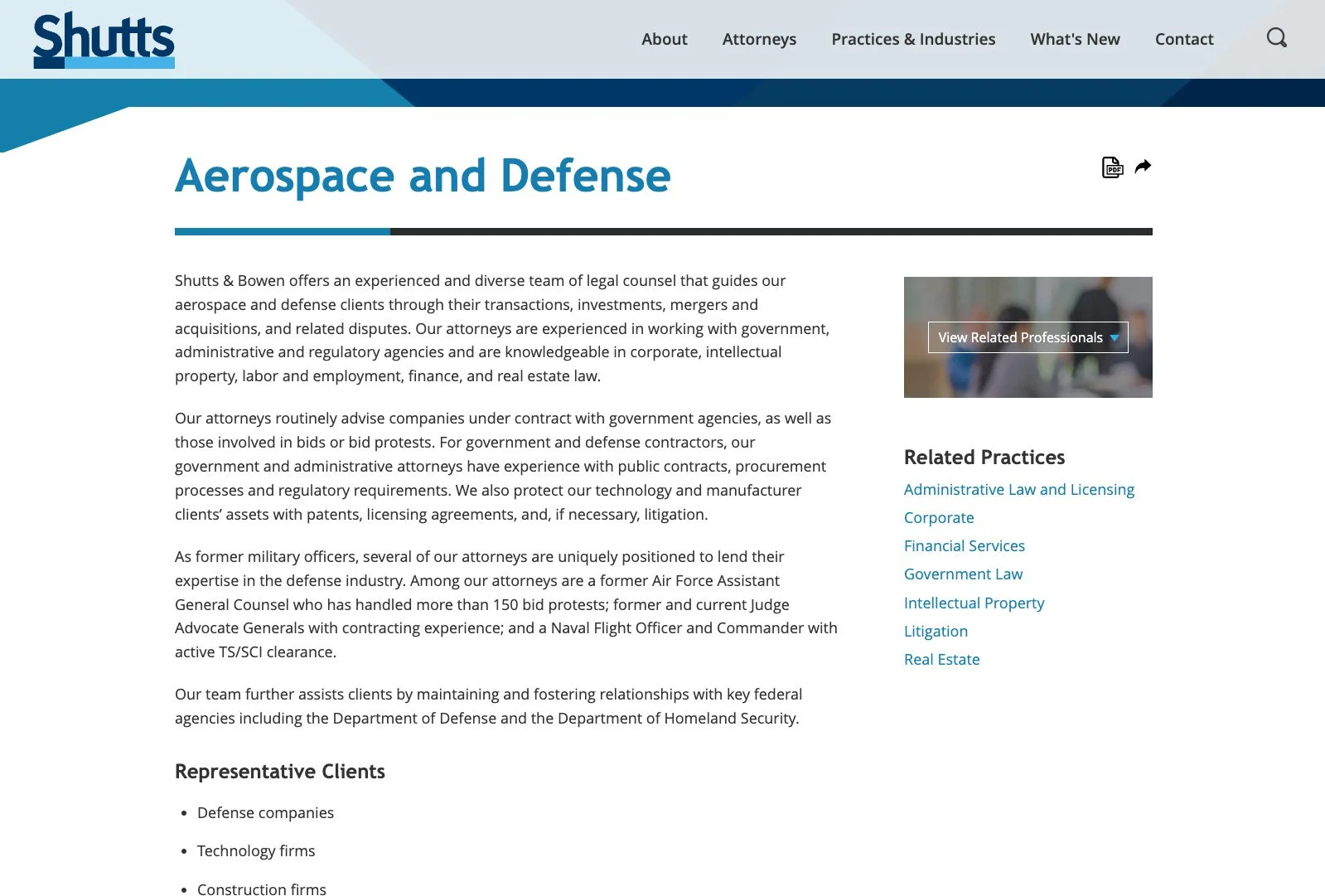 Shutts & Bowen aerospace and defense practice page with overview and representative clients.