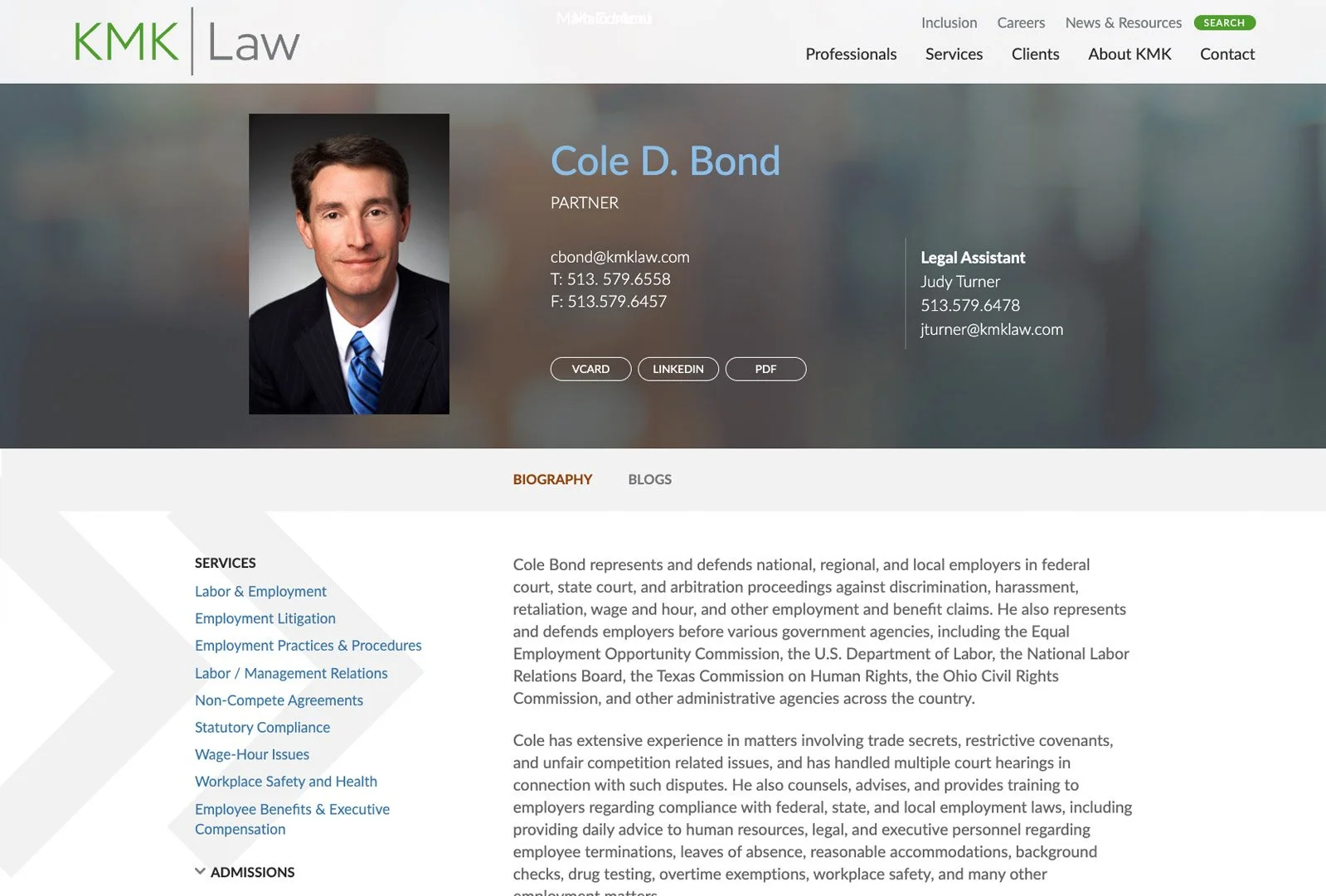 Attorney profile page for Cade D. Bond on the KMK Law website, featuring professional photo, biography, and contact information.