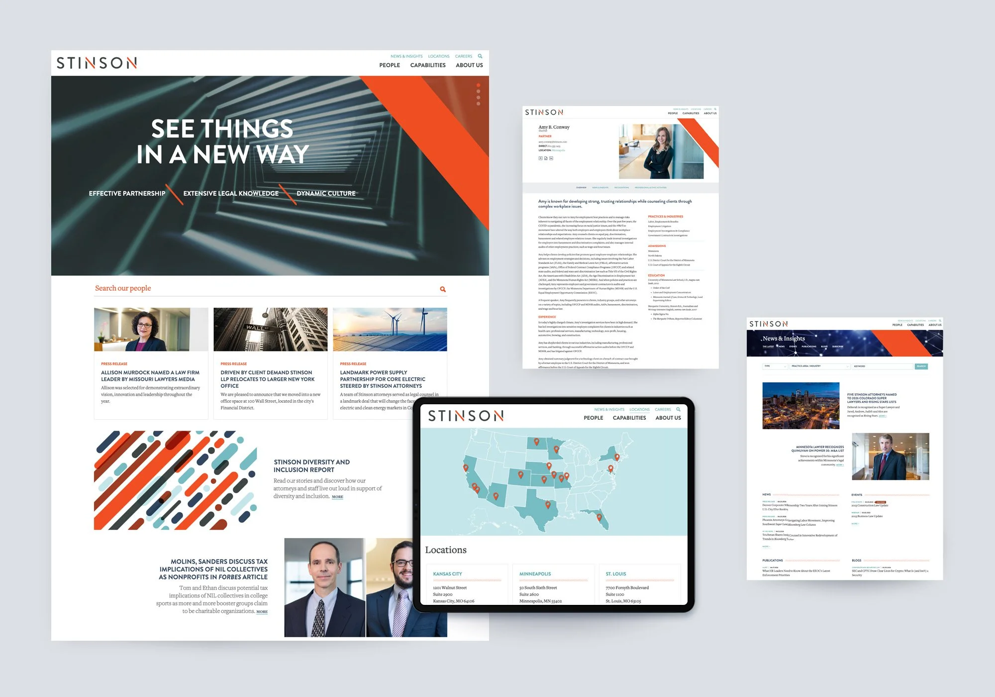 Stinson law firm website design displayed across desktop, tablet, and mobile, featuring a bold orange accent, modern layout, attorney profile page, news section, and interactive office locations map.