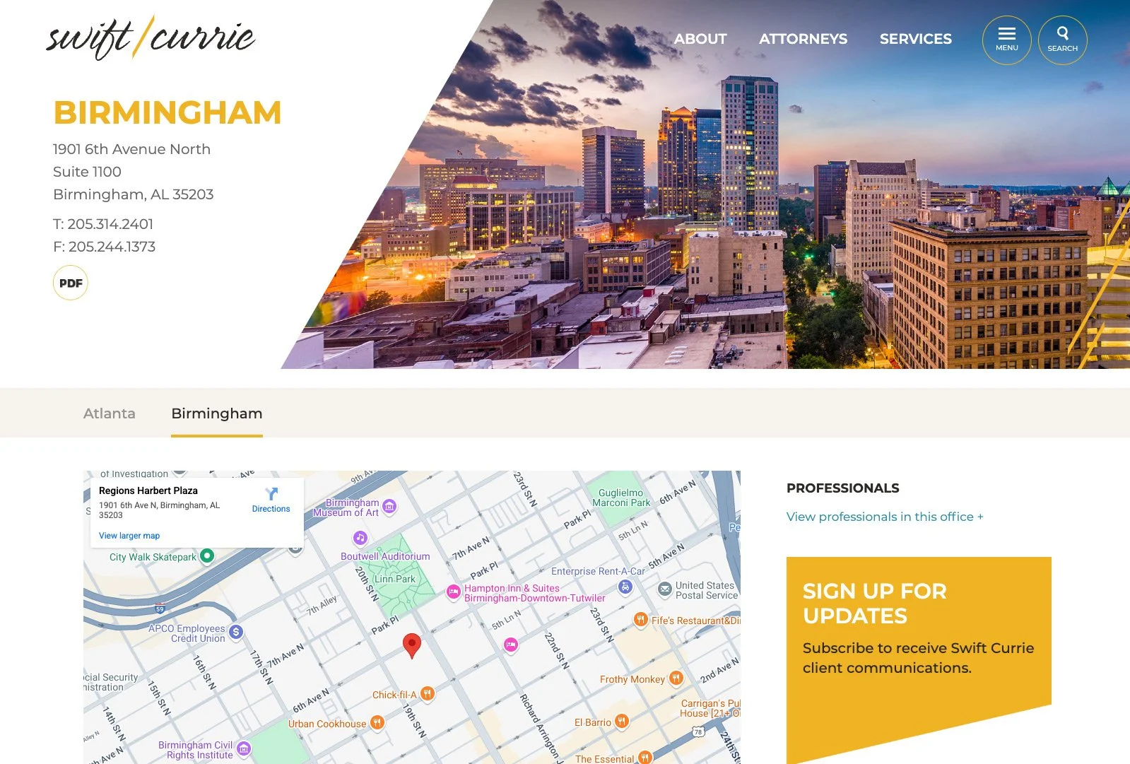 Swift Currie Birmingham office page featuring city skyline and location map.