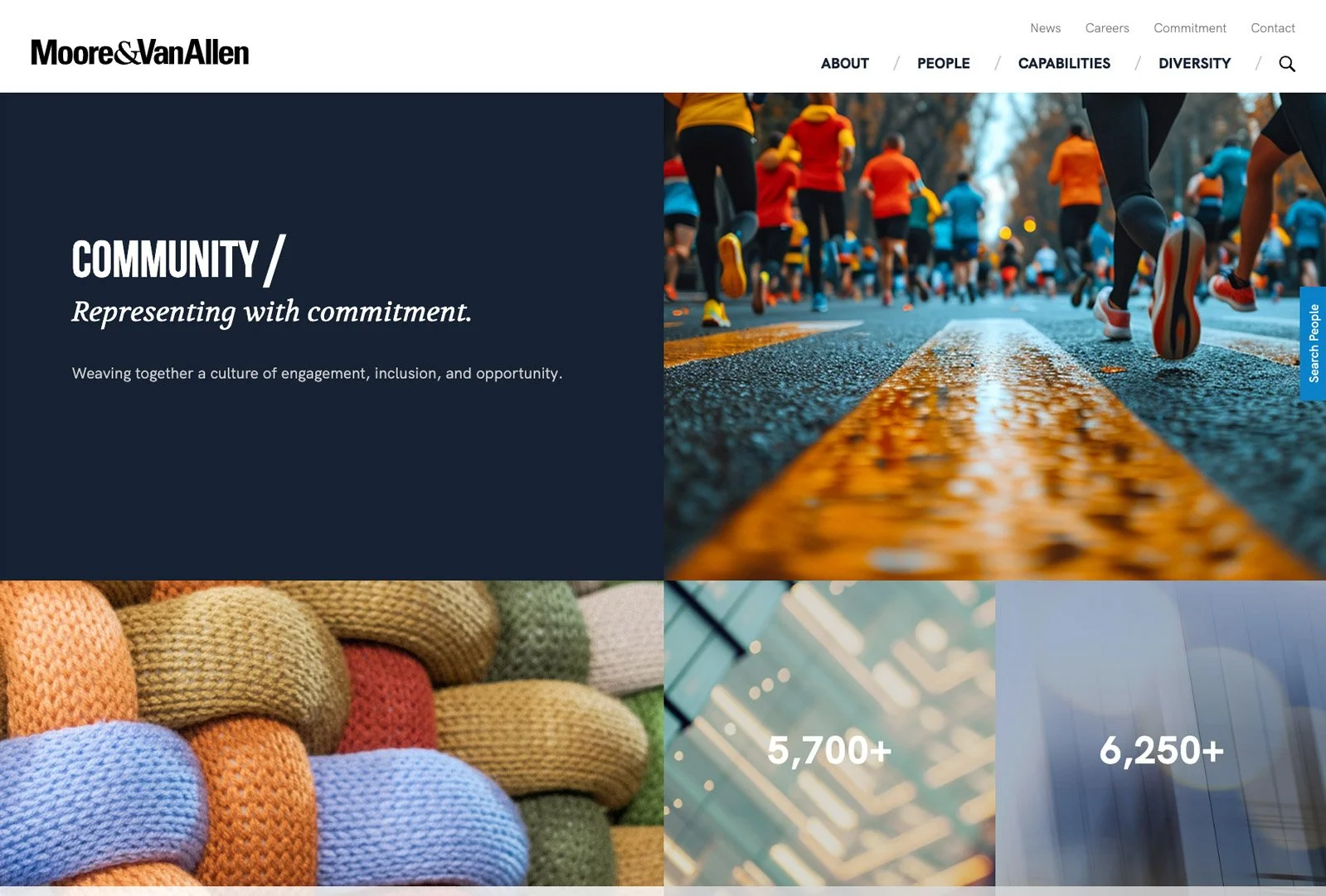 Moore & Van Allen homepage showcasing the firm’s community and leadership theme with woven textures, modern imagery, and key impact metrics.