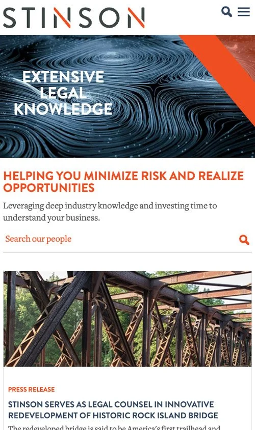 Mobile view of Stinson law firm homepage.