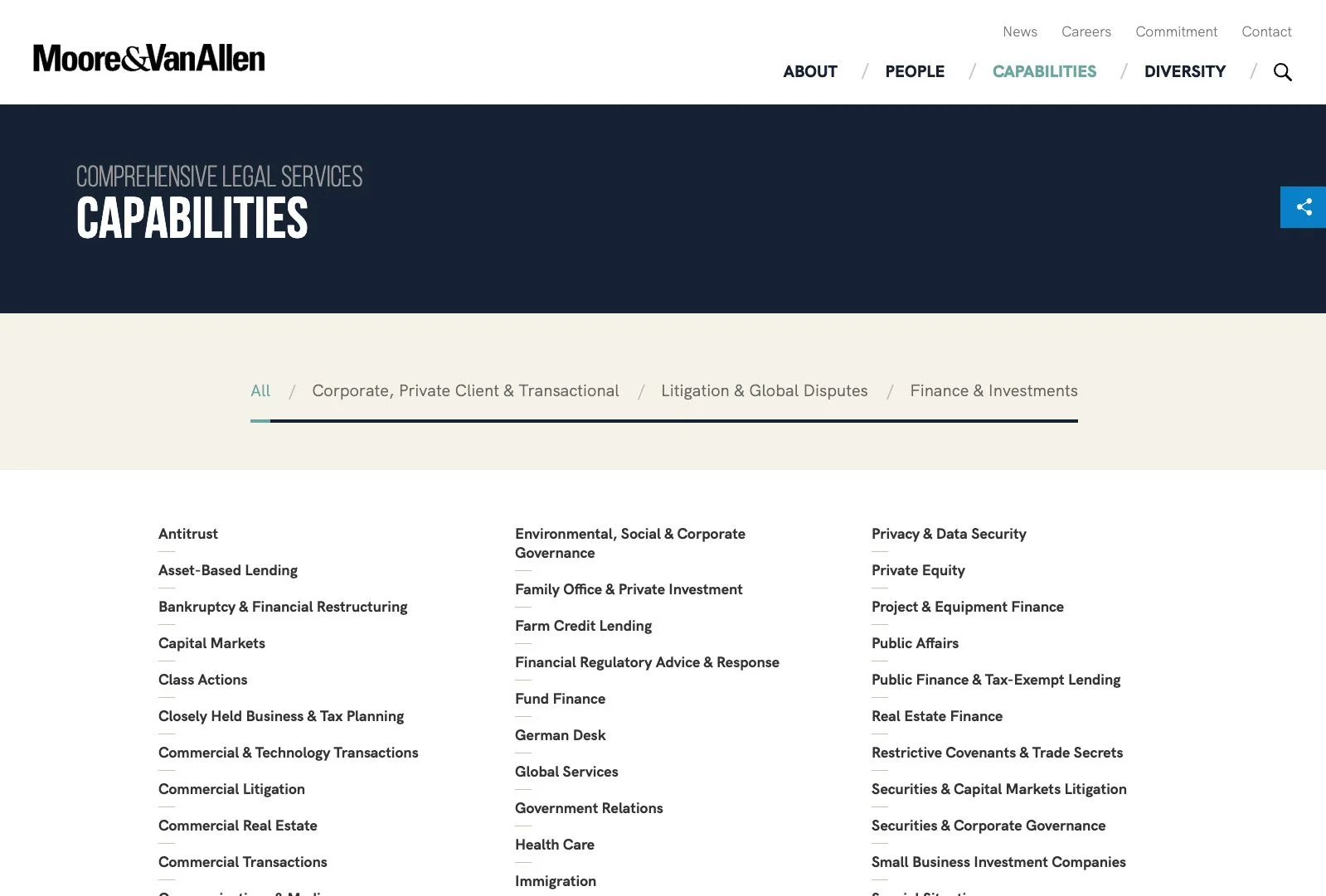 Moore & Van Allen capabilities page displaying an organized list of the firm’s legal practice areas.