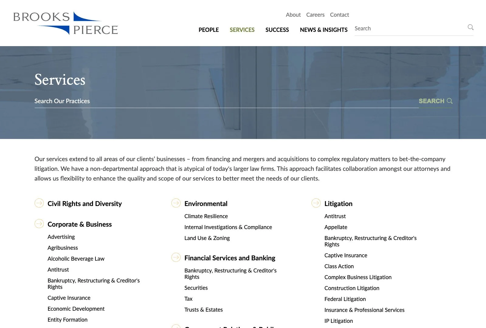 Brooks Pierce services page outlining key practice areas and capabilities.