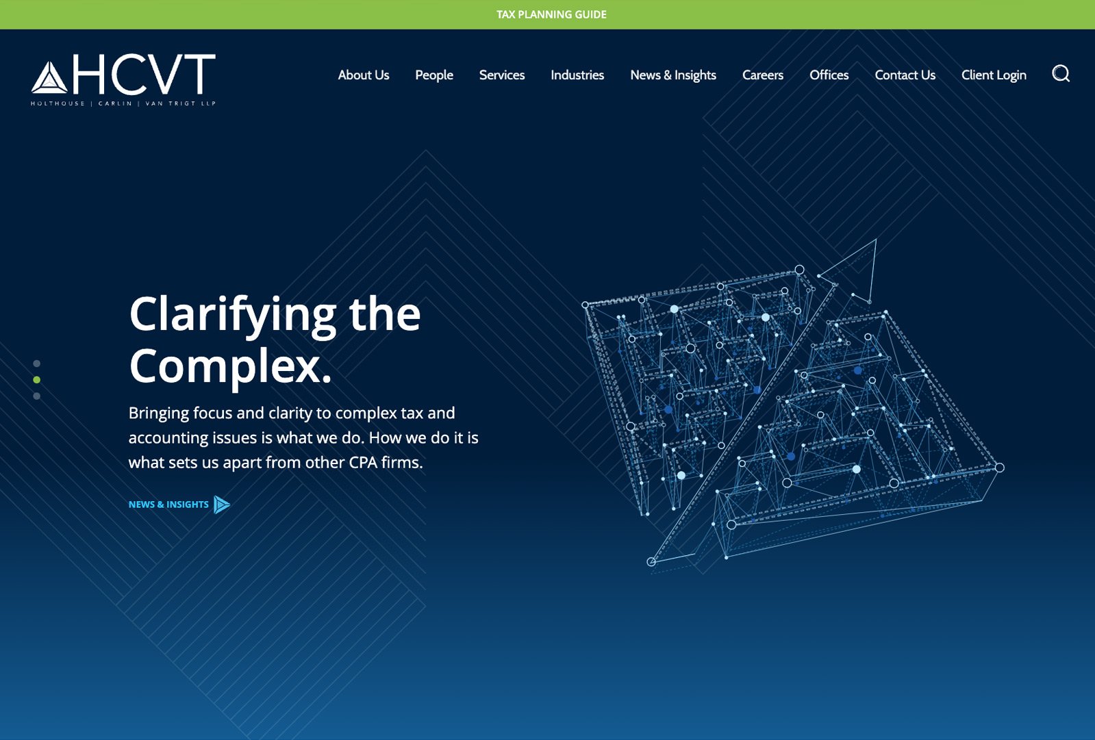 HCVT homepage design featuring global network wireframe graphic and bold “Clarifying the Complex” headline.