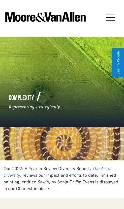 Moore & Van Allen diversity and leadership mobile page featuring the “Complexity / Representing strategically” banner and summary of the firm’s annual diversity report.
