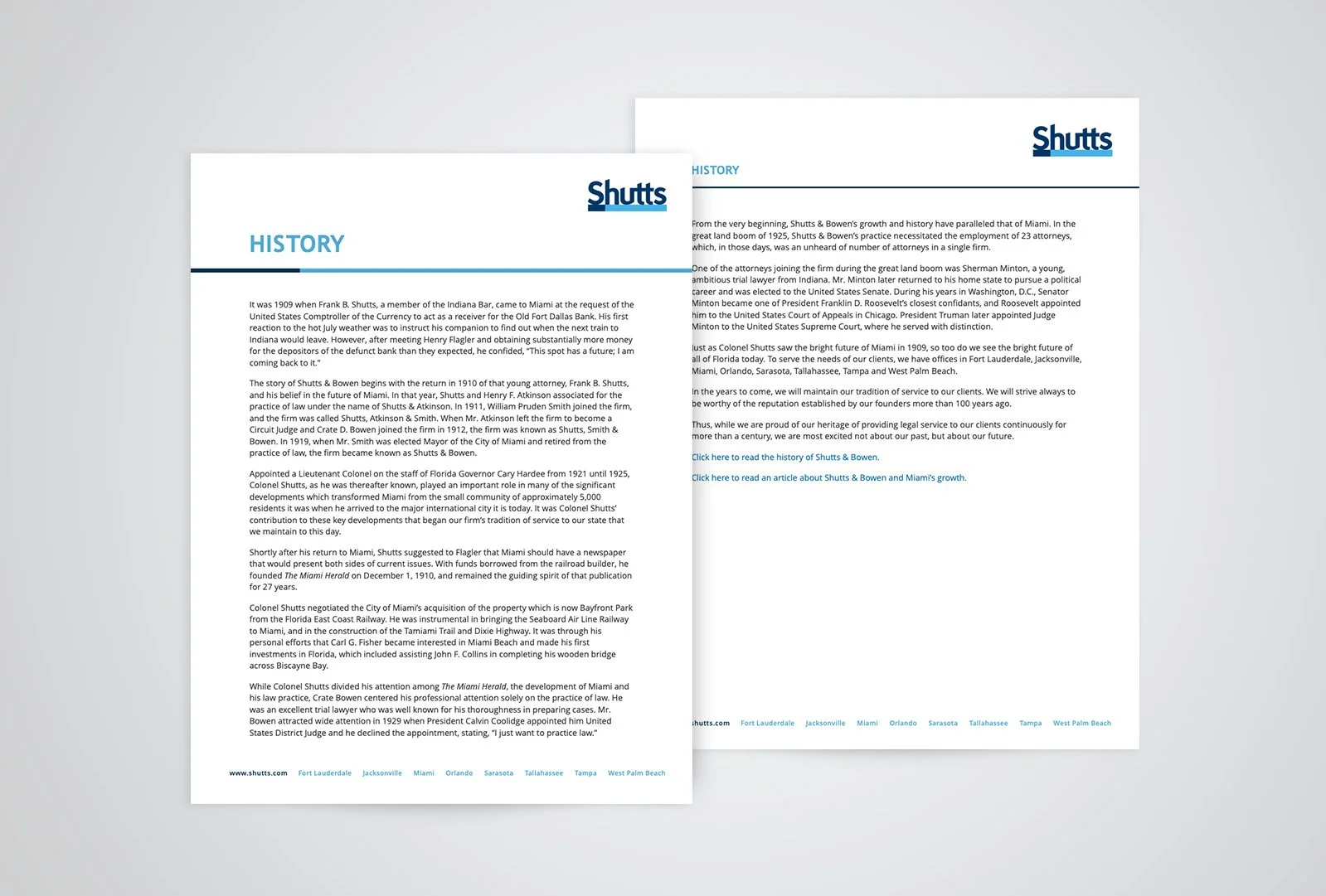 Example of Shutts & Bowen printable PDF designs featuring clean typographic layout and firm branding.