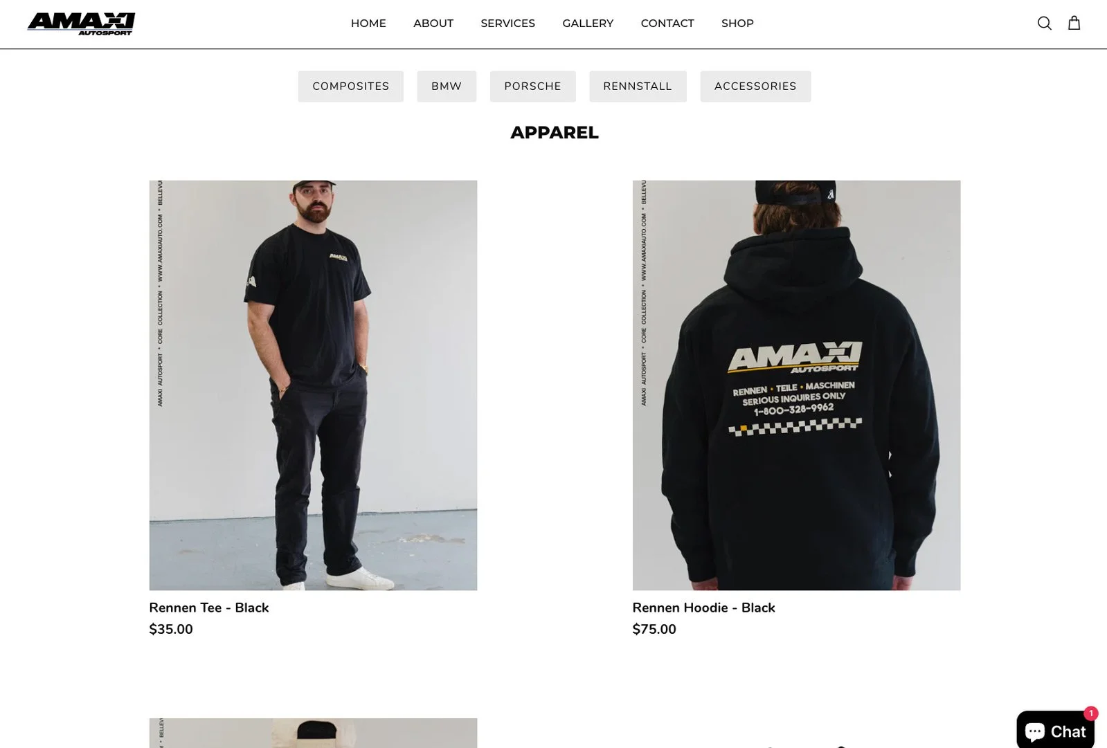 AMAXI Autosport apparel shop page showcasing branded t-shirts and hoodies designed for automotive enthusiasts.