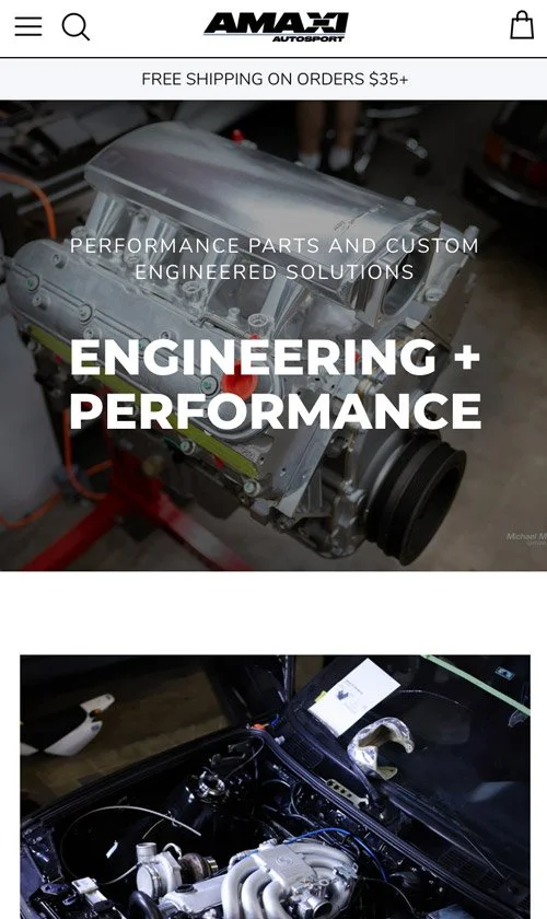 Mobile view of AMAXI Autosport Engineering and Performance page showcasing a precision-built automotive engine with bold typography overlay.