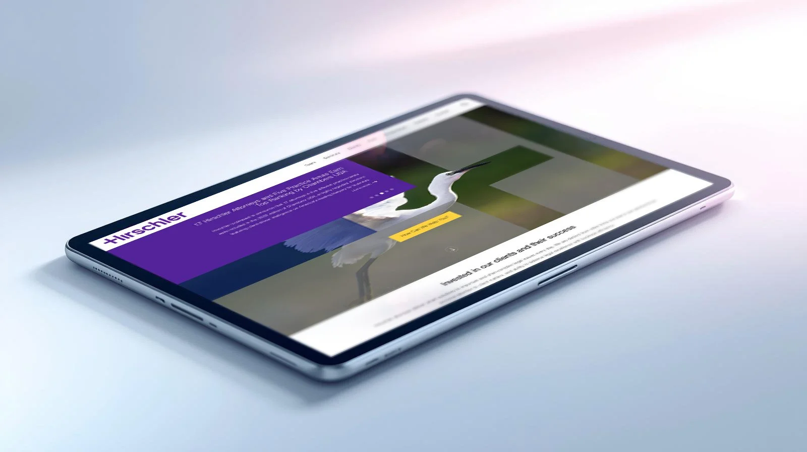 Tablet displaying Hirschler law firm website homepage with a purple-accented design and large hero image, shown on a soft gradient background.