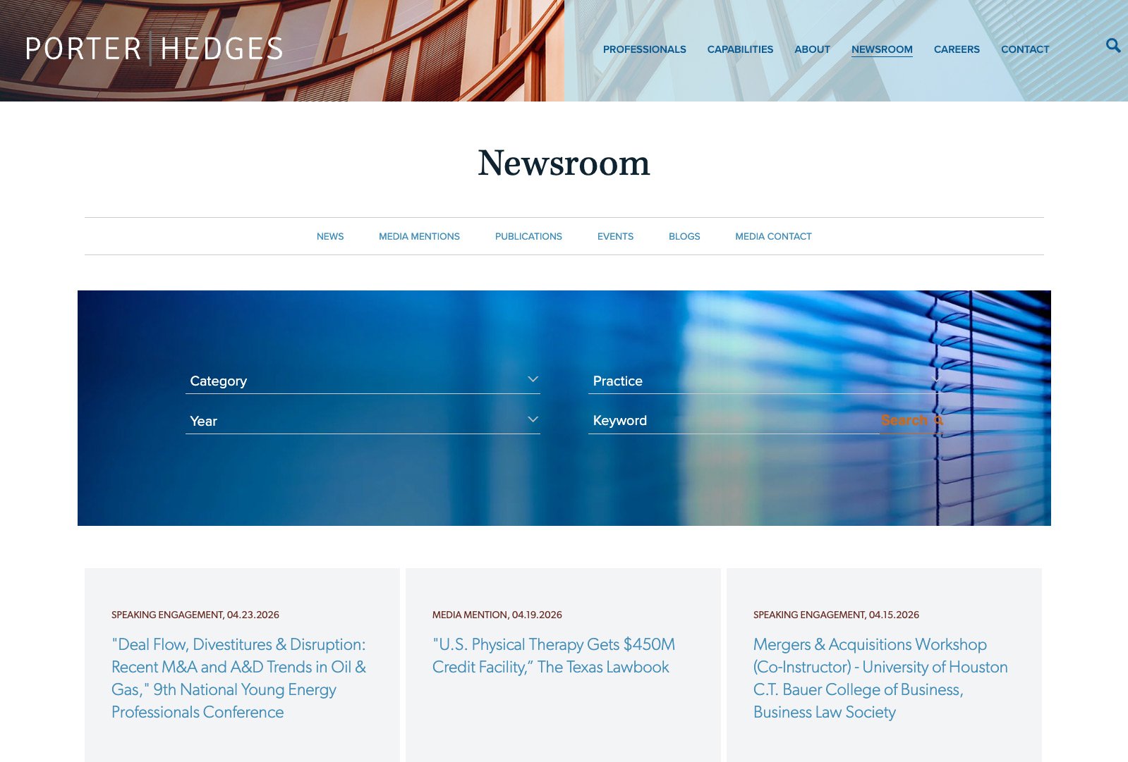 Porter Hedges newsroom page showcasing firm updates, articles, and press releases in a clean layout.