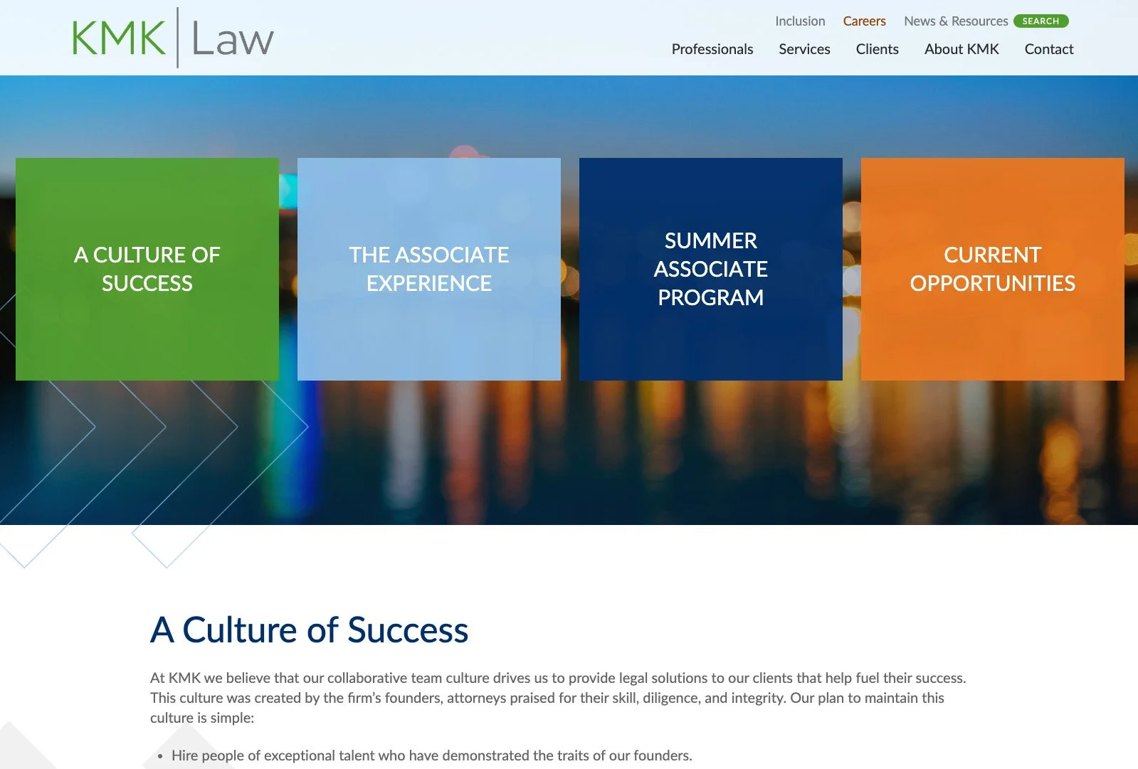 KMK Law “A Culture of Success” page emphasizing firm values and work culture through bold color panels and statement typography.