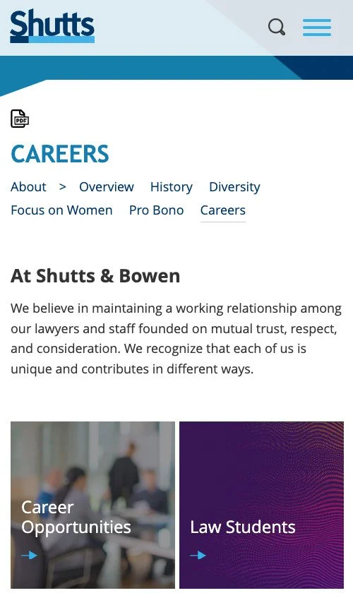 Shutts & Bowen mobile careers page highlighting firm culture, diversity, and career opportunities.