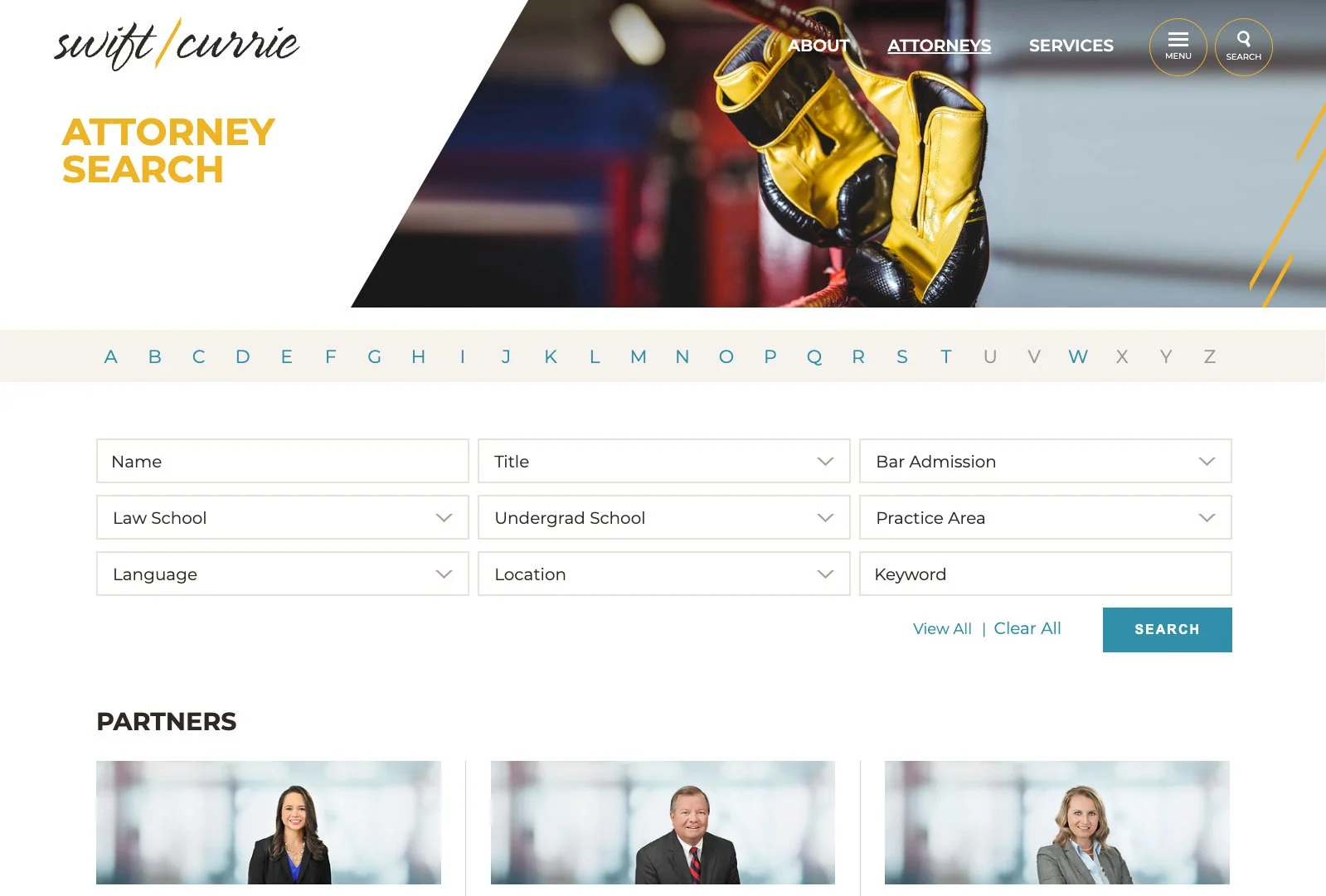 Swift Currie attorney search page with alphabetical directory and search filters.