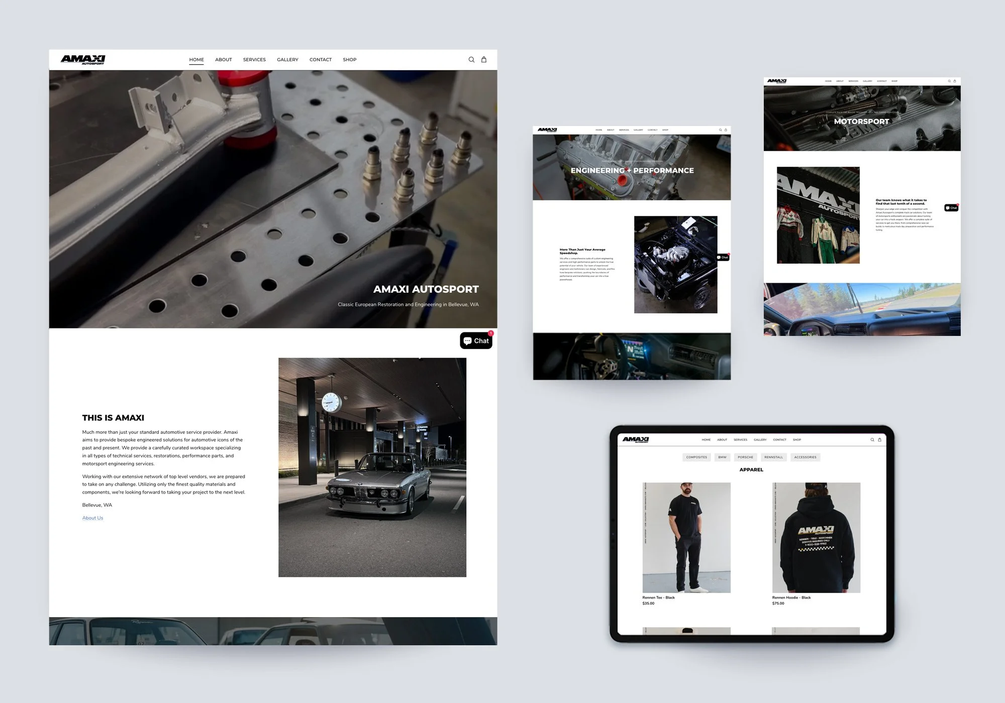Amaxi Autosport website design shown across desktop and tablet, featuring a clean, image-driven layout, homepage hero, engineering and motorsport pages, brand story section, and e-commerce apparel shop.
