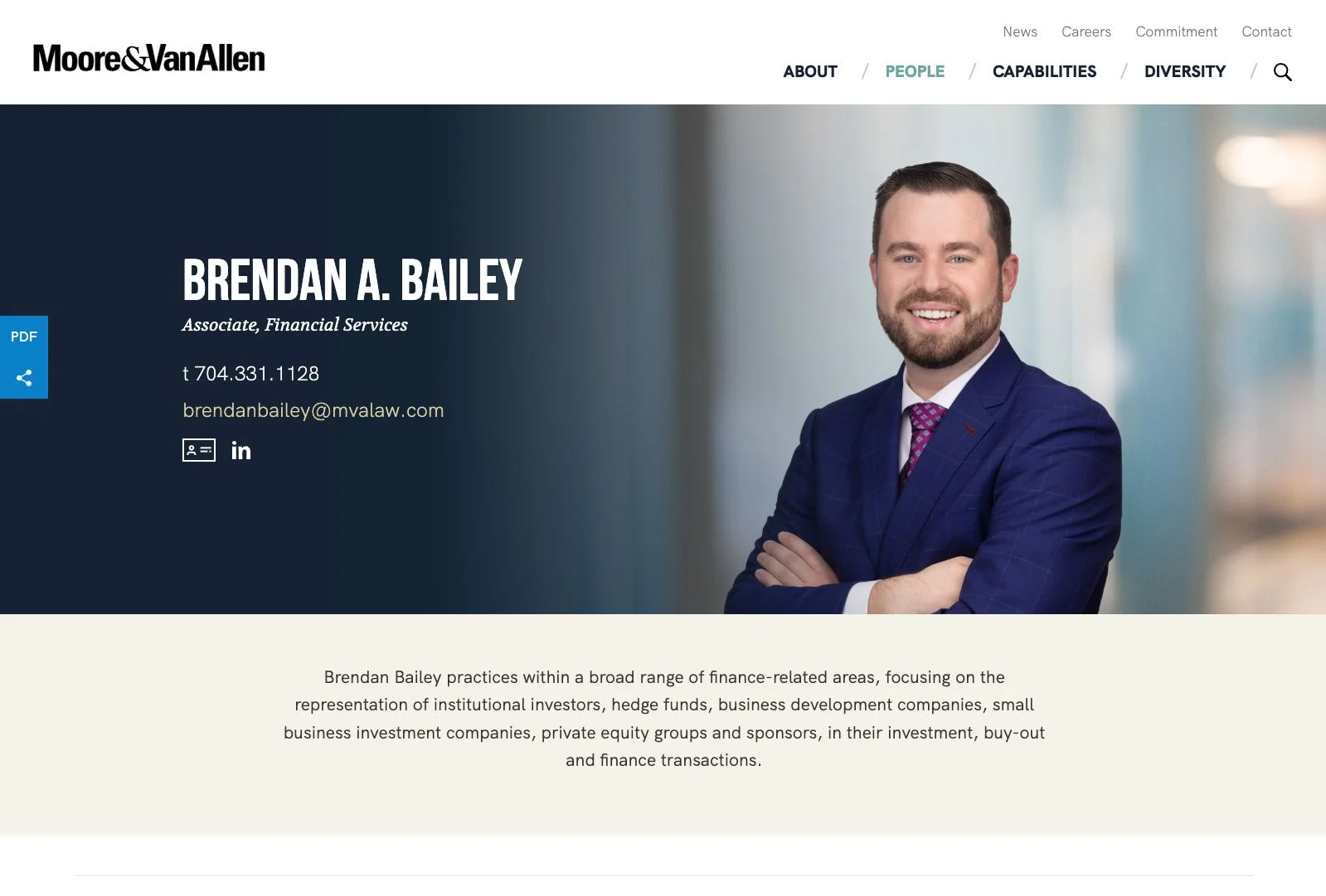 Attorney profile page for Brendan A. Bailey on the Moore & Van Allen website, featuring professional portrait, biography, and contact details.