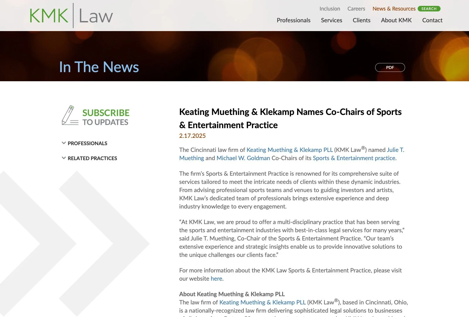 KMK Law news page showcasing firm announcements, legal updates, and recent publications with structured two-column layout.