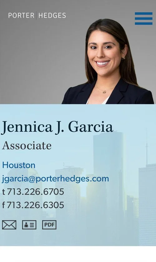 Mobile view of Porter Hedges attorney profile featuring Jennica J. Garcia with contact information and Houston skyline background.