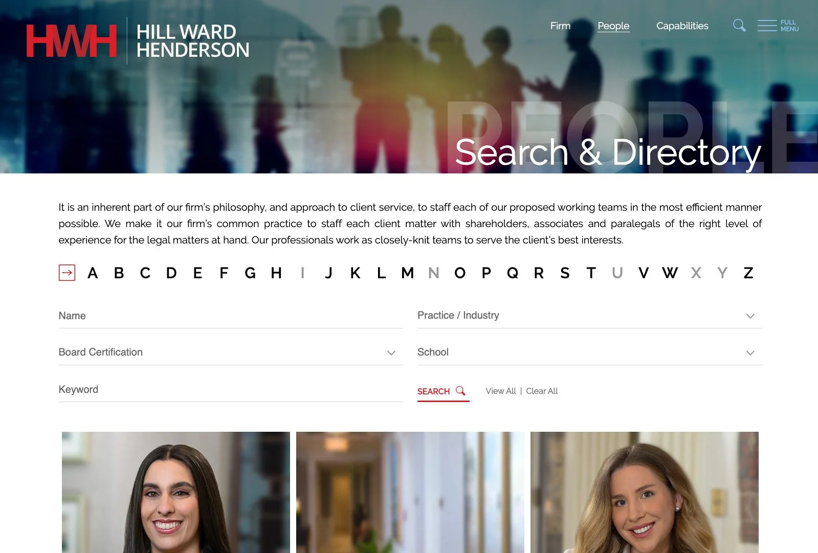 Hill Ward Henderson attorney search and directory page with alphabetical navigation.