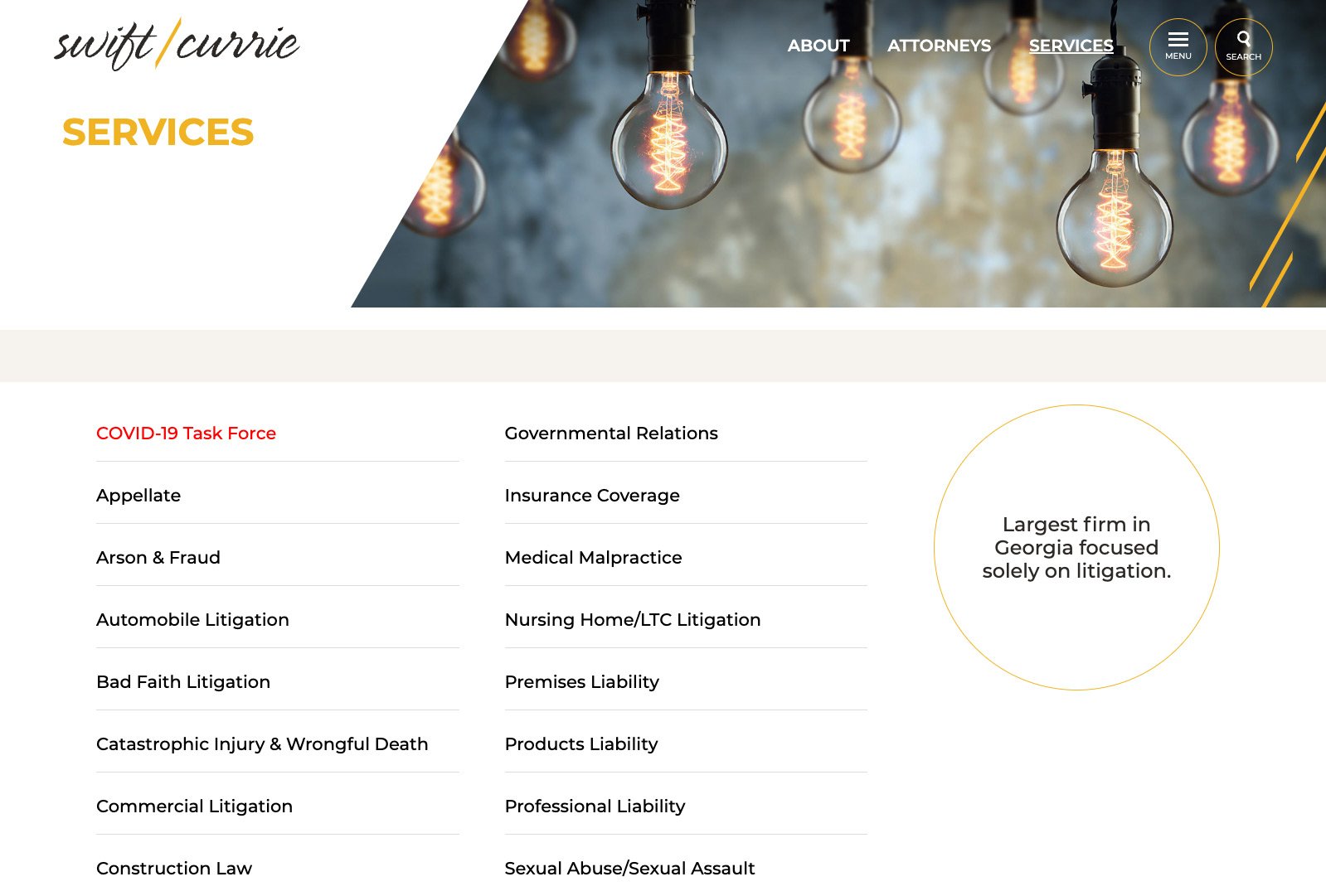 Swift Currie services page with practice area list and gold lightbulb banner image.