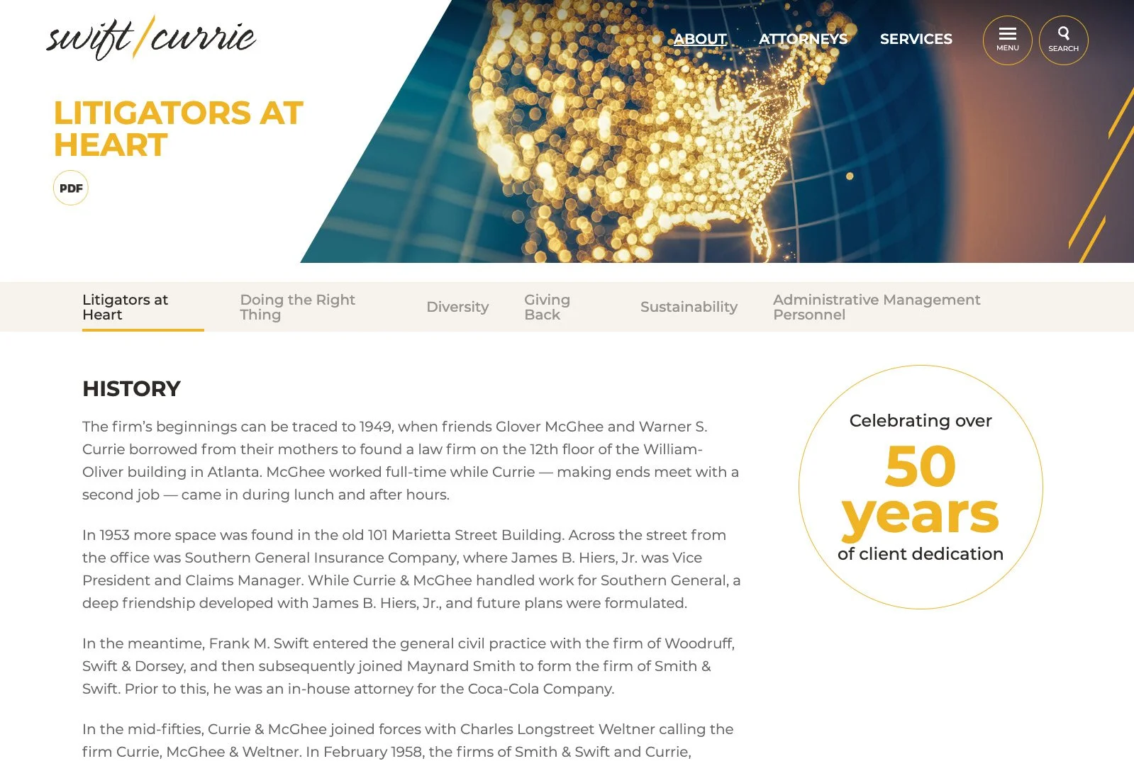 Swift Currie firm history page highlighting 50 years of client dedication and gold brand elements.