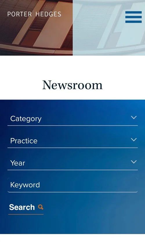 Mobile view of Porter Hedges newsroom page with search filters for category, practice, year, and keyword.