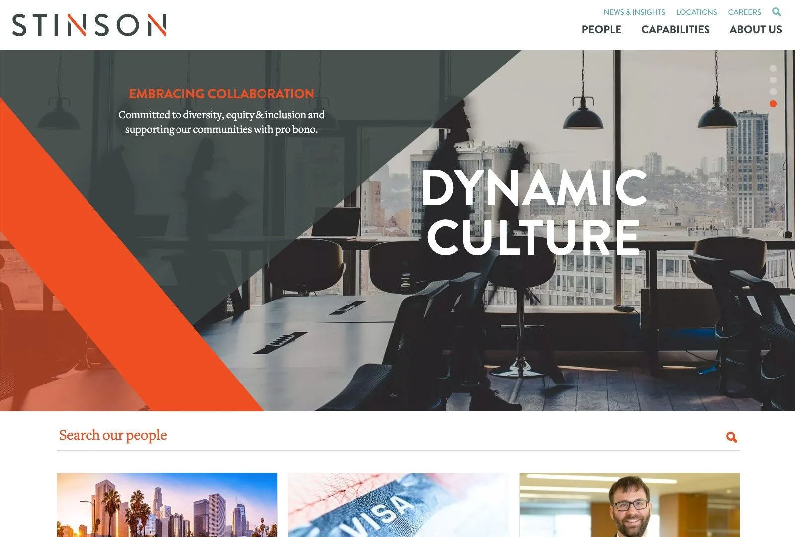 Stinson law firm homepage design highlighting dynamic culture and modern brand elements.