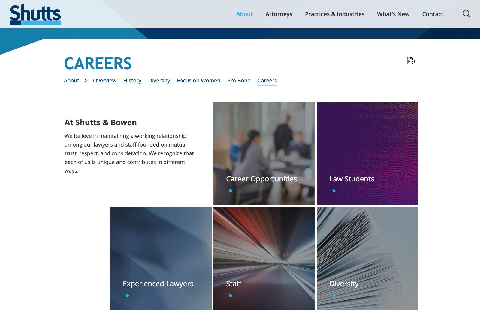 Shutts & Bowen careers page highlighting opportunities for lawyers, staff, and students in a modern grid layout.
