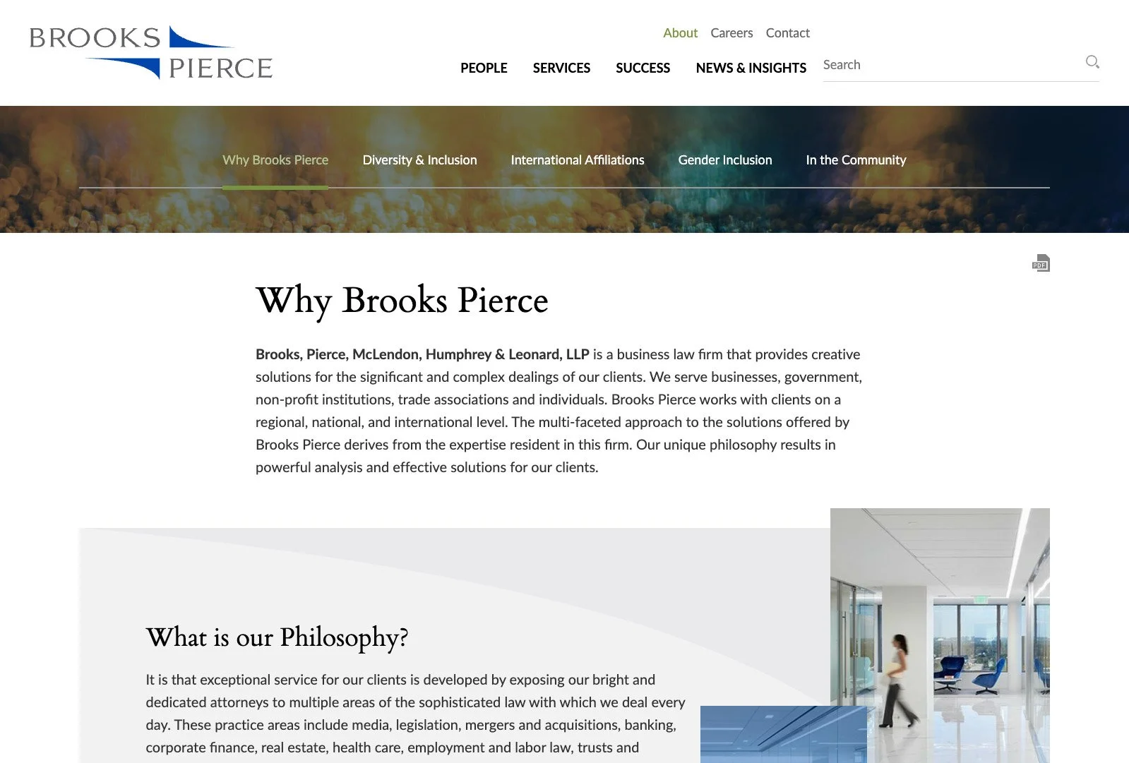 Brooks Pierce about page explaining the firm’s philosophy and client-centered approach.