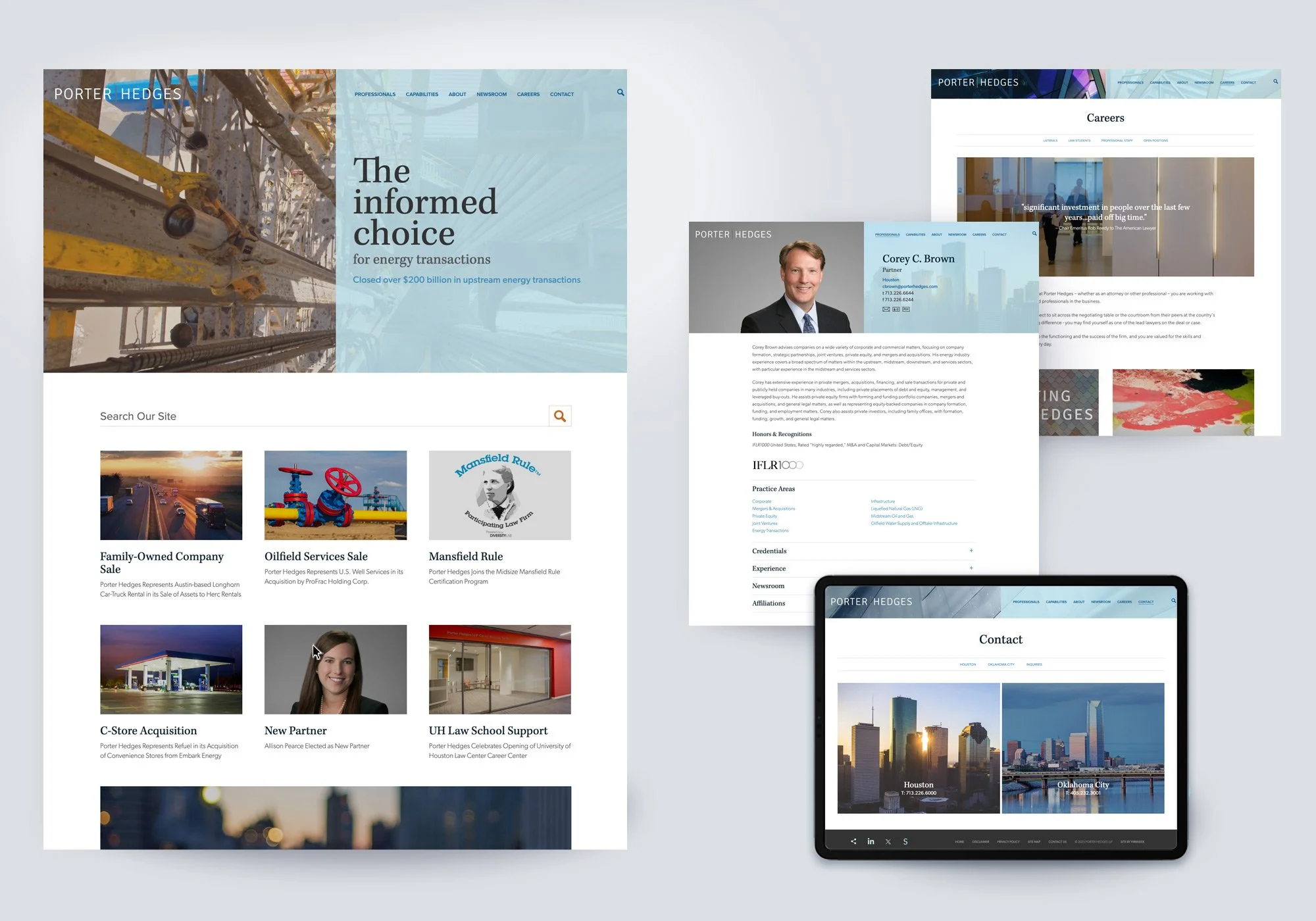 Porter Hedges law firm website design shown across desktop and tablet, featuring a clean blue-toned layout, homepage hero, news and insights section, attorney profile, careers page, and contact page.
