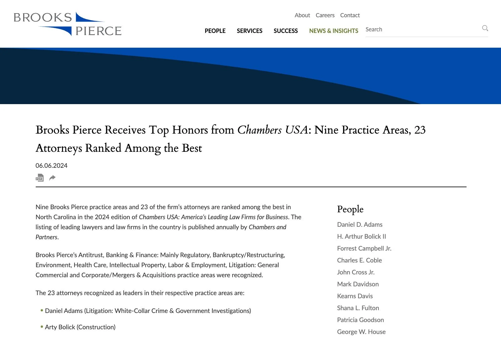 Brooks Pierce awards and recognition page listing Chambers USA and other rankings.