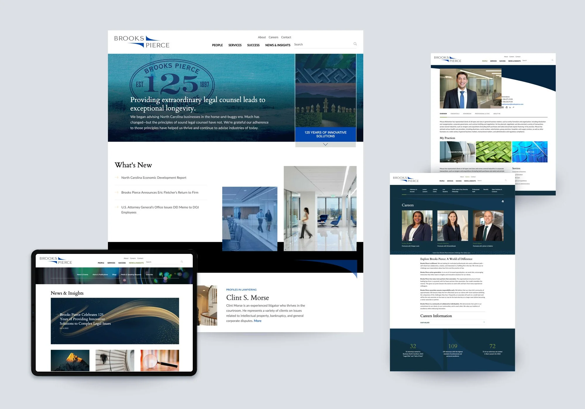 Brooks Pierce law firm website design shown across desktop and tablet, featuring a refined blue and neutral layout, homepage hero, news and insights section, attorney profile, and careers page.