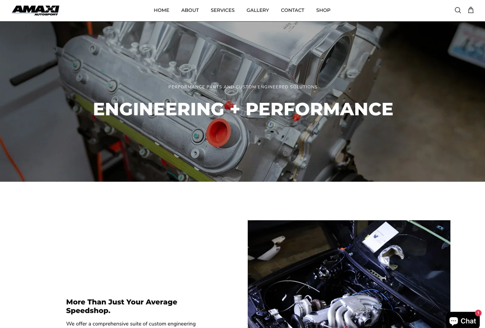 AMAXI Autosport Engineering and Performance page featuring high-end automotive engine builds and precision fabrication.