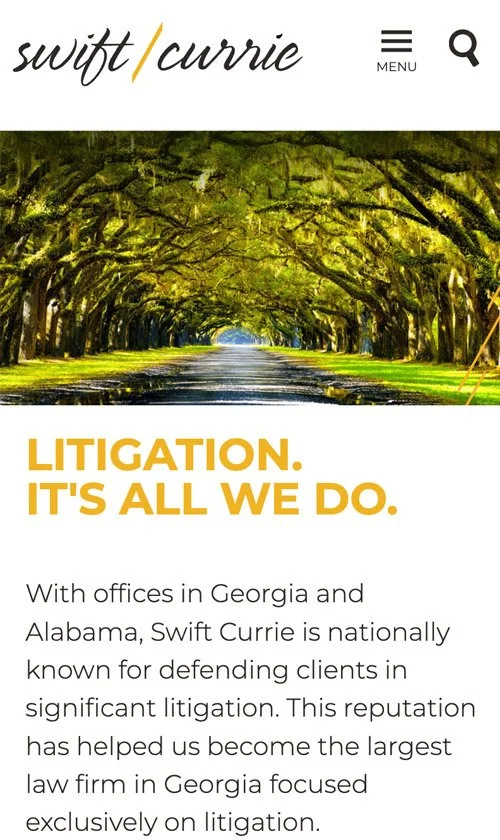 Swift Currie mobile homepage featuring tree-lined path with bold tagline: Litigation. It’s All We Do.