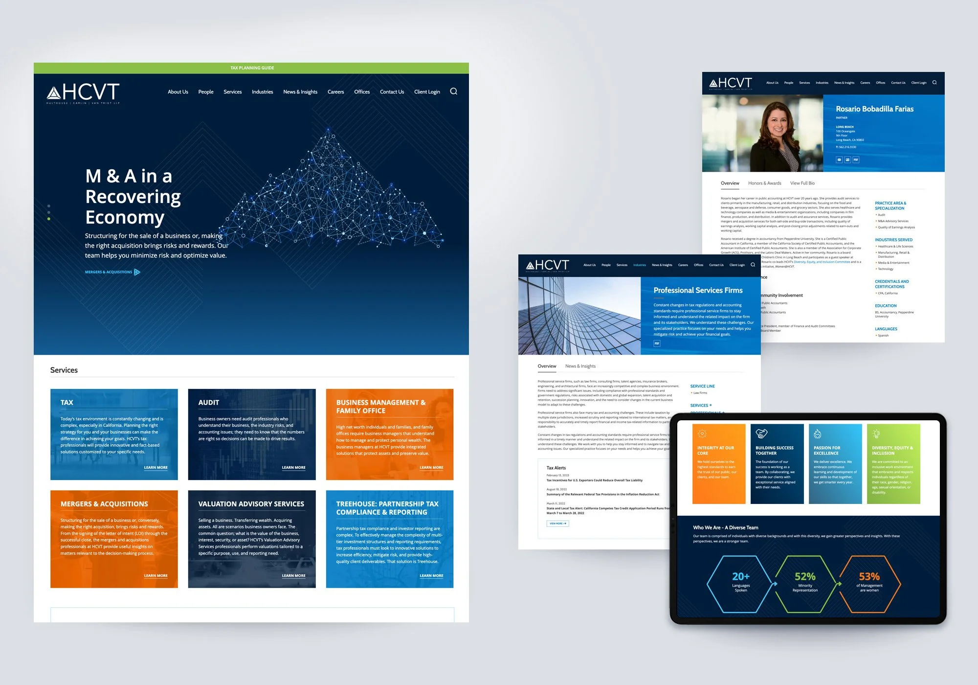 HCVT accounting firm website design shown across desktop, tablet, and mobile, featuring a blue and green color palette, services overview, industry page, professional profile, and diversity metrics section.