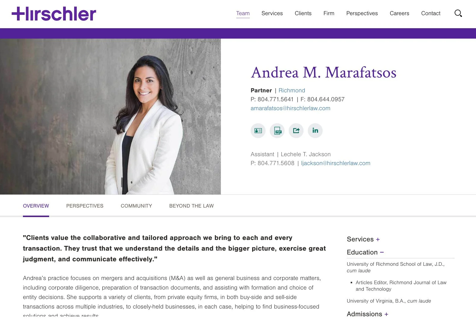 Attorney profile page for Hirschler featuring professional portrait, biography layout, and contact details.