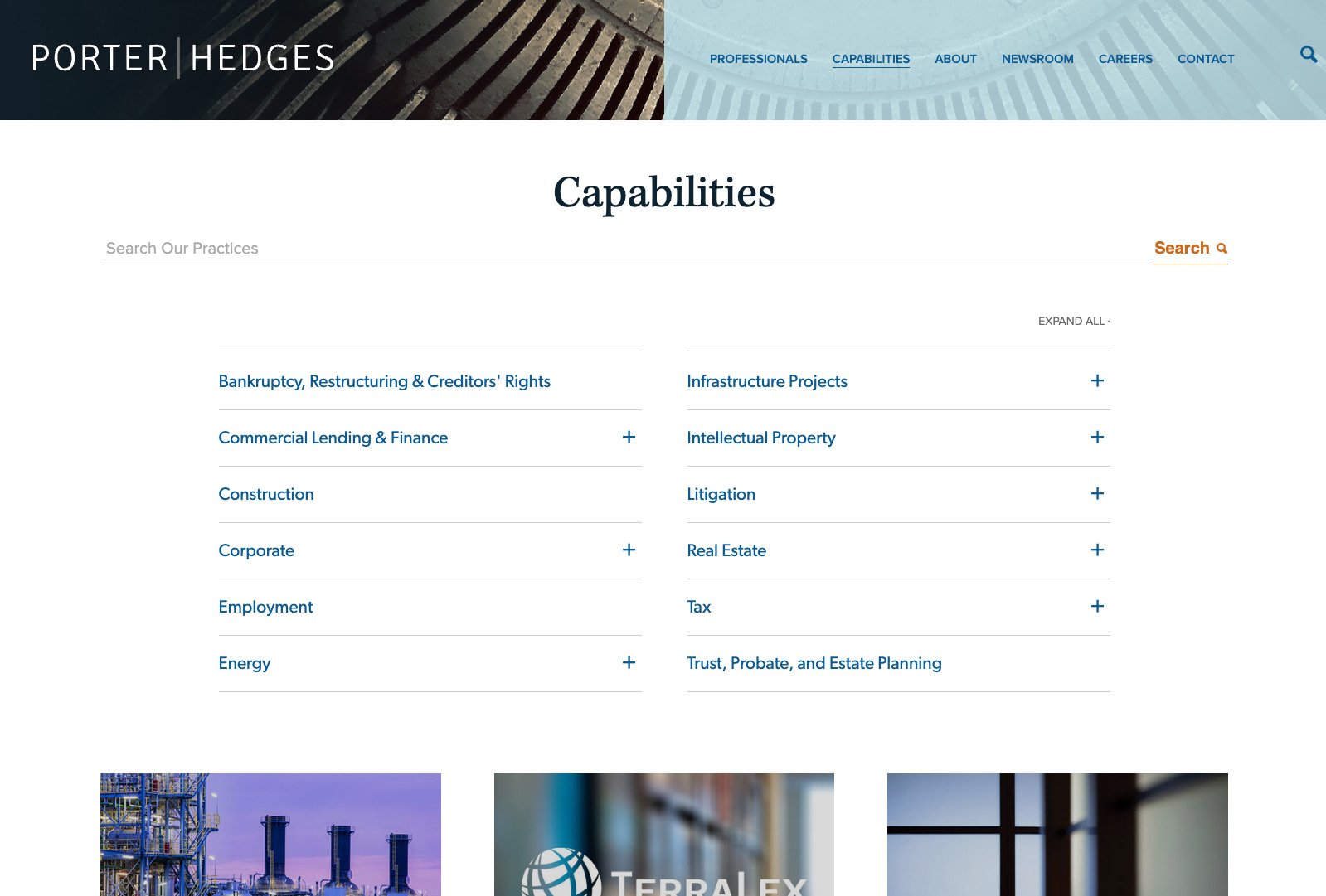 Porter Hedges capabilities page displaying expandable list of practice areas and industry focus.