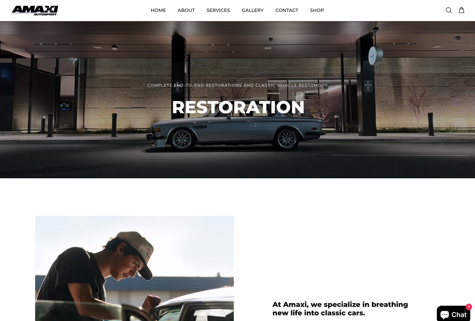 AMAXI Autosport Restoration page showcasing a vintage car build and the team’s dedication to precision European restoration.