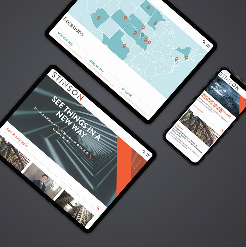 Tablet and smartphone displaying Stinson law firm website pages, including homepage, locations map, and news section, on a dark background.