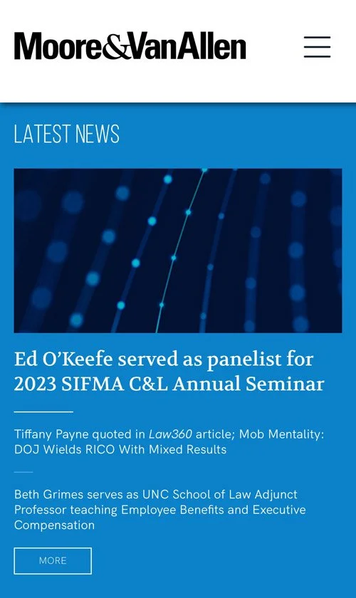 Moore & Van Allen latest news mobile page featuring firm updates, attorney recognitions, and recent articles in a clean blue layout.
