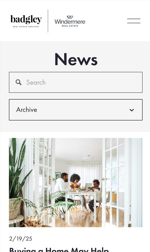 A screenshot mobile view of Badgley Homes website news page with article listings.